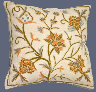 Crewel Hand Embroidered Throw Pillow Cushion Cover "Tree of Life", Multicolor Pastels #CW403