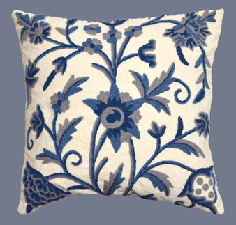 Crewel Ethnic "Aari" Embroidered Pillow Cushion Cover "Tree of Life", Blue on White #CW402