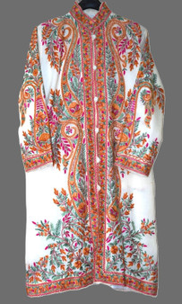 Kashmiri Ethnic Embroidered Woolen Coat Off-White, Multicolor #AO-180