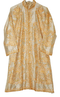 Kashmiri Ethnic "Aari" Embroidered Silk Coat Long Jacket Gold, Multicolor #AO-321