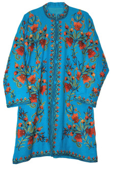 Kashmiri Ethnic Embroidered Woolen Coat Long Jacket Blue, Rust #AO-175