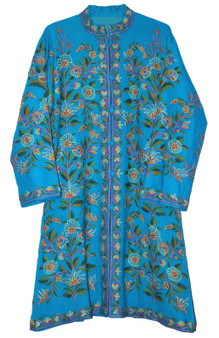 Crewel "Aari" Embroidered Woolen Coat Long Jacket Blue, Multicolor #AO-171