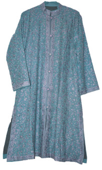 Crewel "Aari" Embroidered Woolen Coat Long Jacket "Sherwani" Green, Grey #AO-252