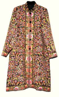 Kashmiri "Aari" Embroidered "Jamawar" Coat Woolen Long Jacket Black, Multicolor #JM-115