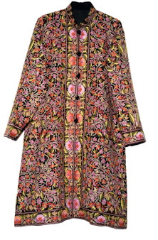Woolen "Jamawar" Coat Long Jacket Black, Multicolor Embroidery #JM-115