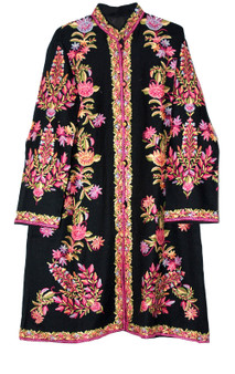 Crewel Ethnic Embroidered Kashmiri Woolen Coat Black, Multicolor #AO-164
