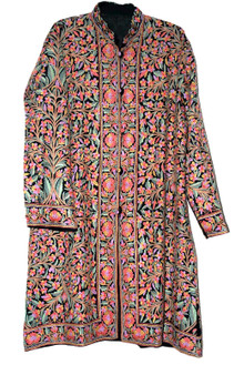 Kashmiri "Aari" Embroidered "Jamawar" Coat Woolen Long Jacket Black, Multicolor #JM-114