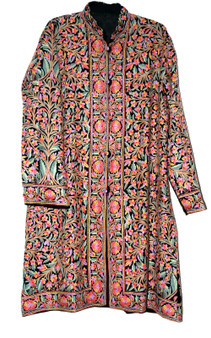 Woolen "Jamawar" Coat Long Jacket Black, Multicolor Embroidery #JM-114