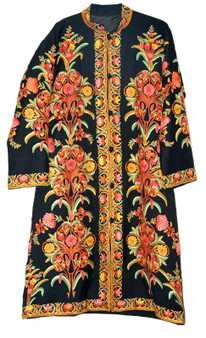 Crewel Ethnic Embroidered Kashmiri Woolen Coat Black, Multicolor #AO-146