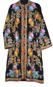 Crewel "Aari" Embroidered Woolen Coat Black, Multicolor #AO-1012