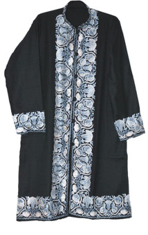 Crewel Ethnic Embroidered Kashmiri Woolen Coat Long Jacket Black, Multicolor #BD-124
