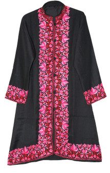 Ethnic Kashmiri Embroidered Woolen Coat Long Jacket Black, Pink #BD-121