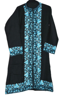 Crewel "Aari" Embroidered Woolen Coat Long Jacket Black, Blue #BD-118