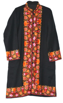 Kashmiri "Aari" Embroidered Woolen Coat Long Jacket Black, Multicolor #BD-117