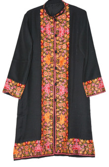 Ethnic Kashmiri Embroidered Woolen Coat Long Jacket Black, Multicolor #BD-116