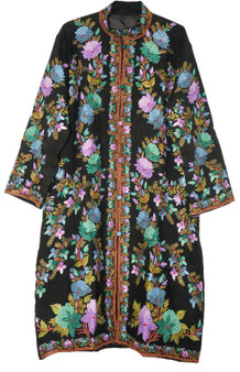 Kashmiri "Aari" Embroidered Linen Coat Long Jacket Black, Multicolor #AO-611