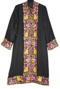 Kashmiri Ethnic Embroidered Woolen Coat Long Jacket Black, Multicolor #BD-114