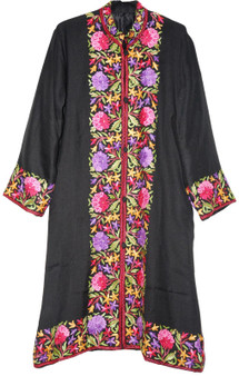 Crewel "Aari" Embroidered Woolen Coat Long Jacket Black, Multicolor #BD-112