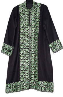 Crewel "Aari" Embroidered Woolen Coat Long Jacket Black, Multicolor #BD-108