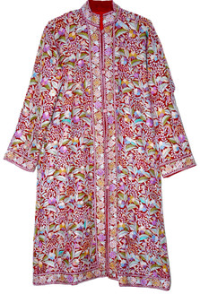 Crewel Hand Embroidered "Jamawar" Coat Woolen Long Jacket Burgundy, Multicolor #JM-109