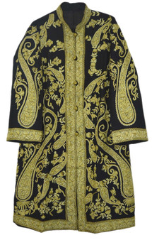 Crewel Hand Embroidered Woolen Coat Black, Green #AO-151