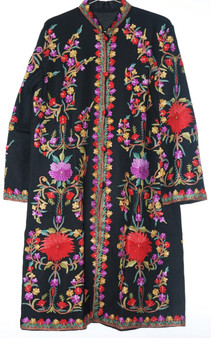 Kashmiri Ethnic Embroidered Woolen Coat Black, Multicolor #AO-140