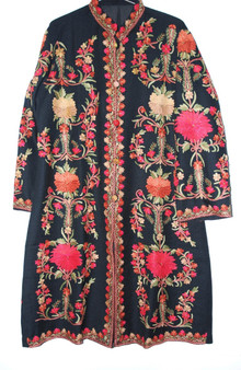 Crewel Hand Embroidered Woolen Coat Black, Multicolor #AO-138