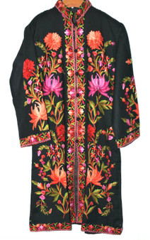 Kashmiri "Aari" Embroidered Woolen Coat Black, Multicolor #AO-132