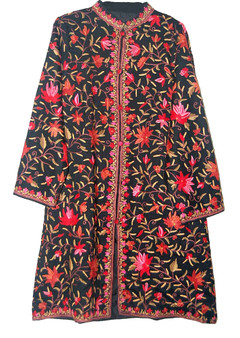 Kashmiri Ethnic Embroidered Woolen Coat Black, Multicolor #AO-130