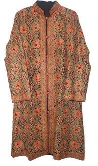 Kashmiri Crewel work "Jamawar" Embroidered Coat Woolen Long Jacket Black, Multicolor #JM-192