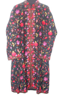 Crewel Hand Embroidered Woolen Coat Black, Multicolor #AO-1273