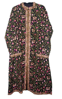 Crewel "Aari" Embroidered Kashmiri Woolen Coat Black, Multicolor #AO-1201