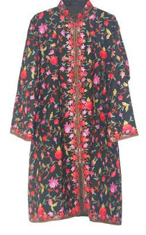 Crewel Hand Embroidered Woolen Coat Black, Multicolor #AO-126