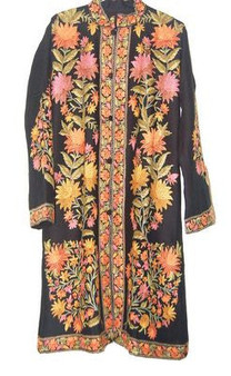 Crewel "Aari" Embroidered Woolen Coat Black, Multicolor #AO-124