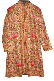 Crewel Kashmiri "Jamawar" Embroidered Woolen Long Jacket Black, Multicolor #JM-103