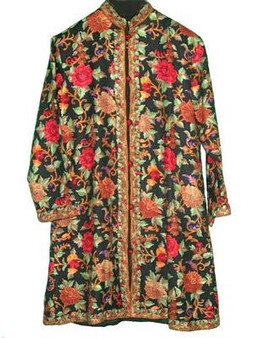 Crewel Kashmiri Embroidered Woolen Coat Black, Multicolor #AO-104