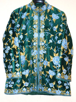 Ethnic Kashmiri Embroidered Velvet Jacket Green, Multicolor #AO-712