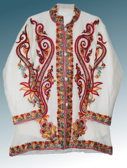 Kashmiri Ethnic Embroidered Woolen Jacket Off-White, Multicolor #AO-0192