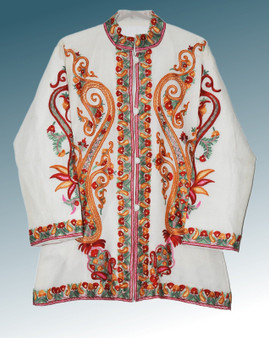 Ethnic Kashmiri Hand Embroidered Woolen Jacket Off-White, Multicolor #AO-0191