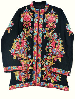 Kashmiri Crewel Embroidered Woolen Jacket Black, Multicolor #AO-013
