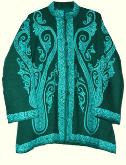 Ethnic "Aari" Embroidered Woolen Jacket Green, Tone-Tone #AO-031