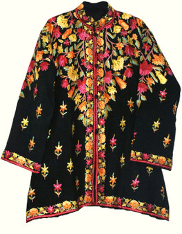 Crewel Ethnic "Aari" Embroidered Linen Jacket Black, Multicolor  #AO-504
