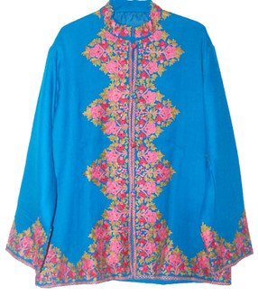 Ethnic Kashmiri Hand Embroidered Woolen Jacket Blue, Multicolor #AO-029