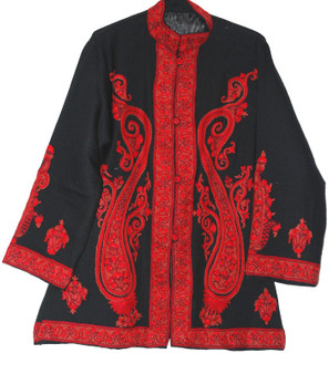 Ethnic Crewel "Aari" Embroidered Woolen Jacket Black, Red #AO-023