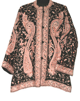 Ethnic Kashmiri "Aari" Embroidered Woolen Jacket Black, Beige #AO-021