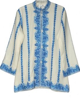 Vintage Kashmiri Hand Embroidered Woolen Jacket Off-White, Blue #AO-006