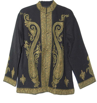 Kashmiri Ethnic "Aari" Embroidered Woolen Jacket Black, Multicolor #AO-020