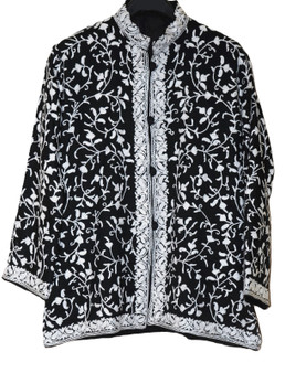 Kashmiri Ethnic Embroidered Woolen Jacket, White on Black #AO-054