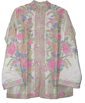 Ethnic Kashmiri Embroidered Silk Jacket White, Multicolor Pastels #AO-018
