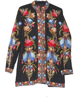 Kashmiri "Aari" Embroidered Woolen Jacket Black, Multicolor #AO-0052